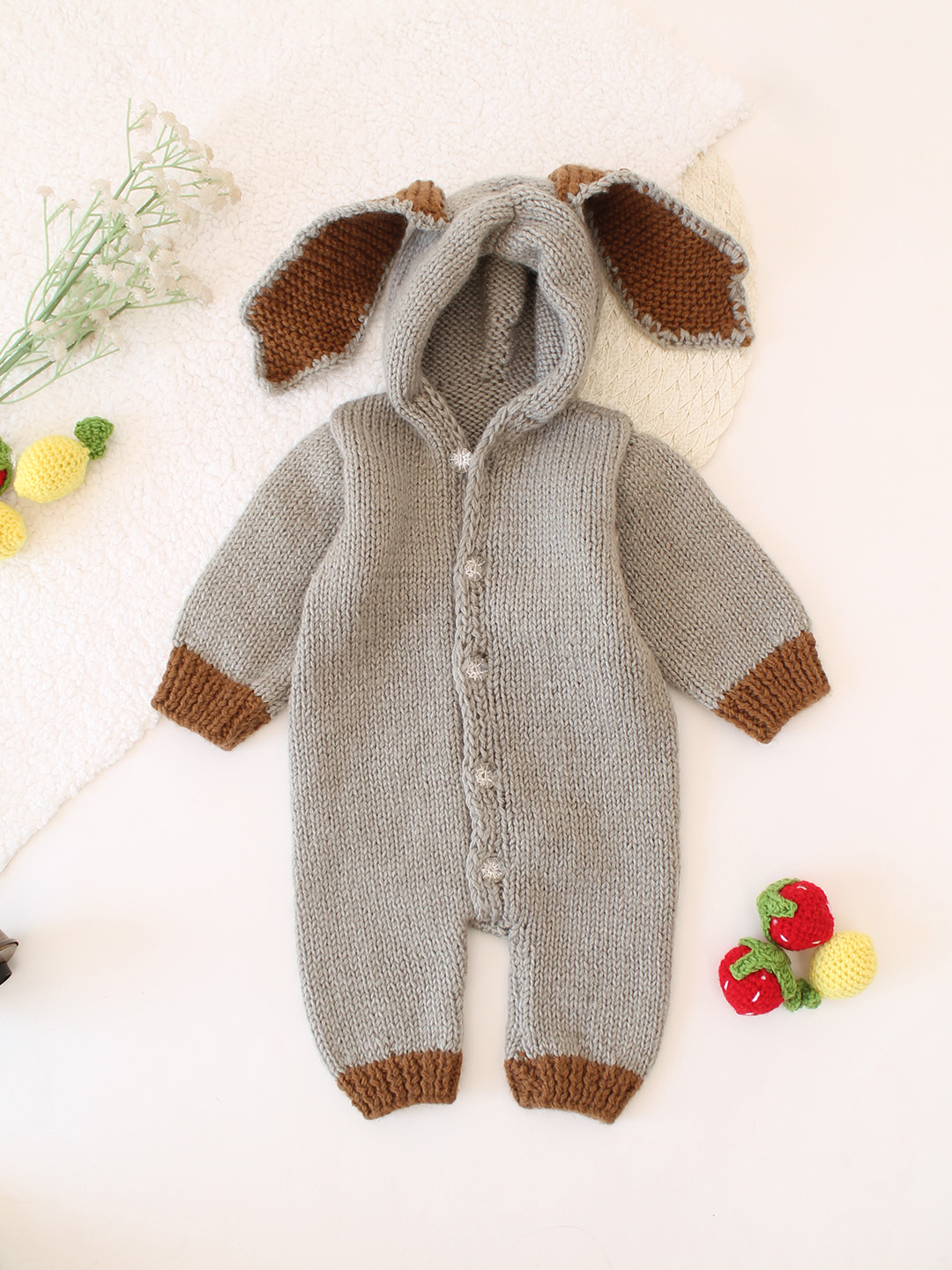 Woonie Bunny Hooded Knit Jumpsuit - Grey