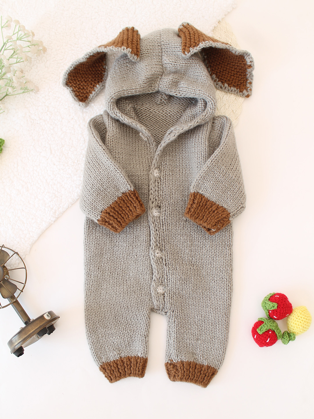 Woonie Bunny Hooded Knit Jumpsuit - Grey
