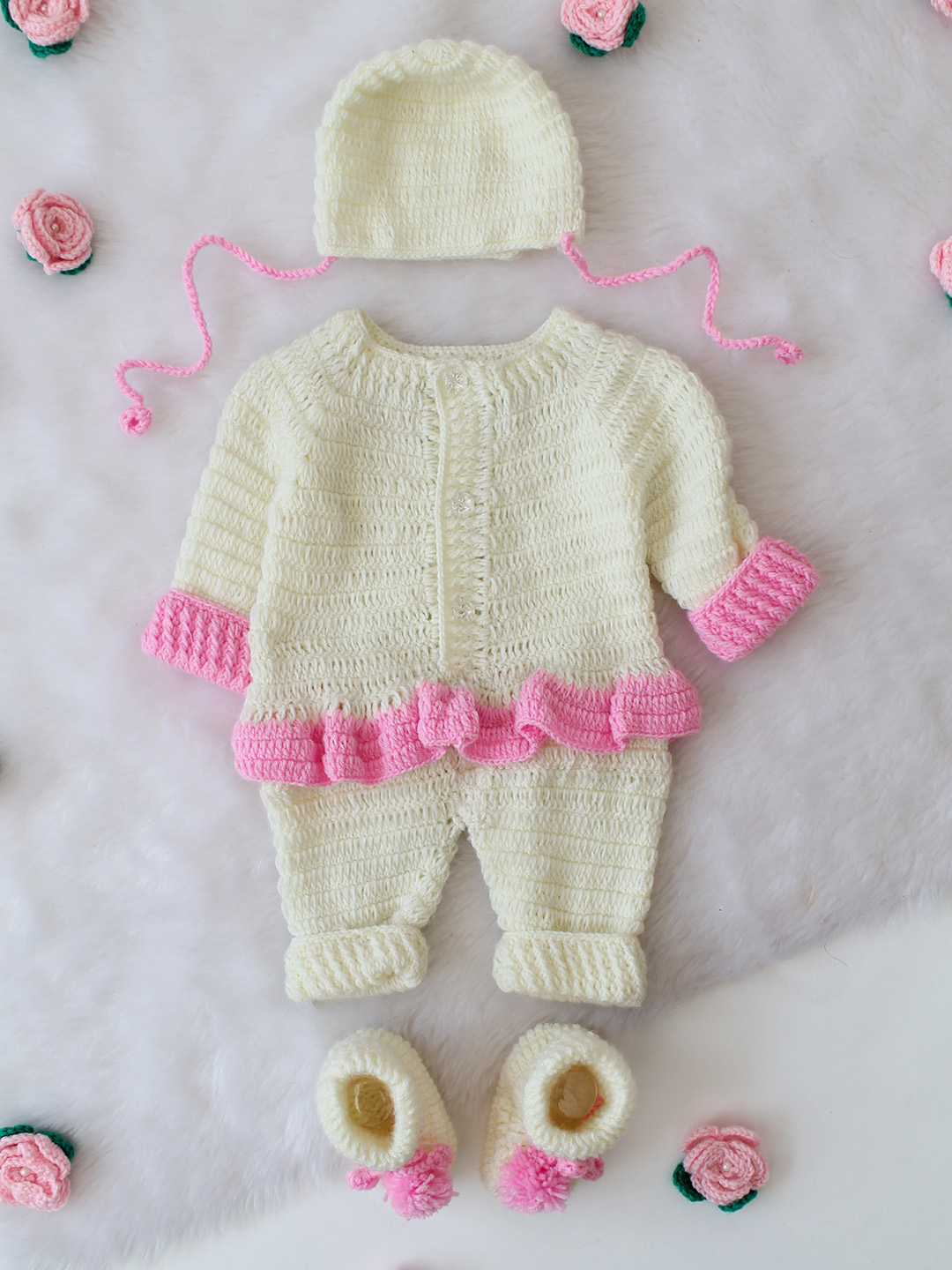 Crochet Knitted Jumpsuit Set with Cap and Booties - Cream