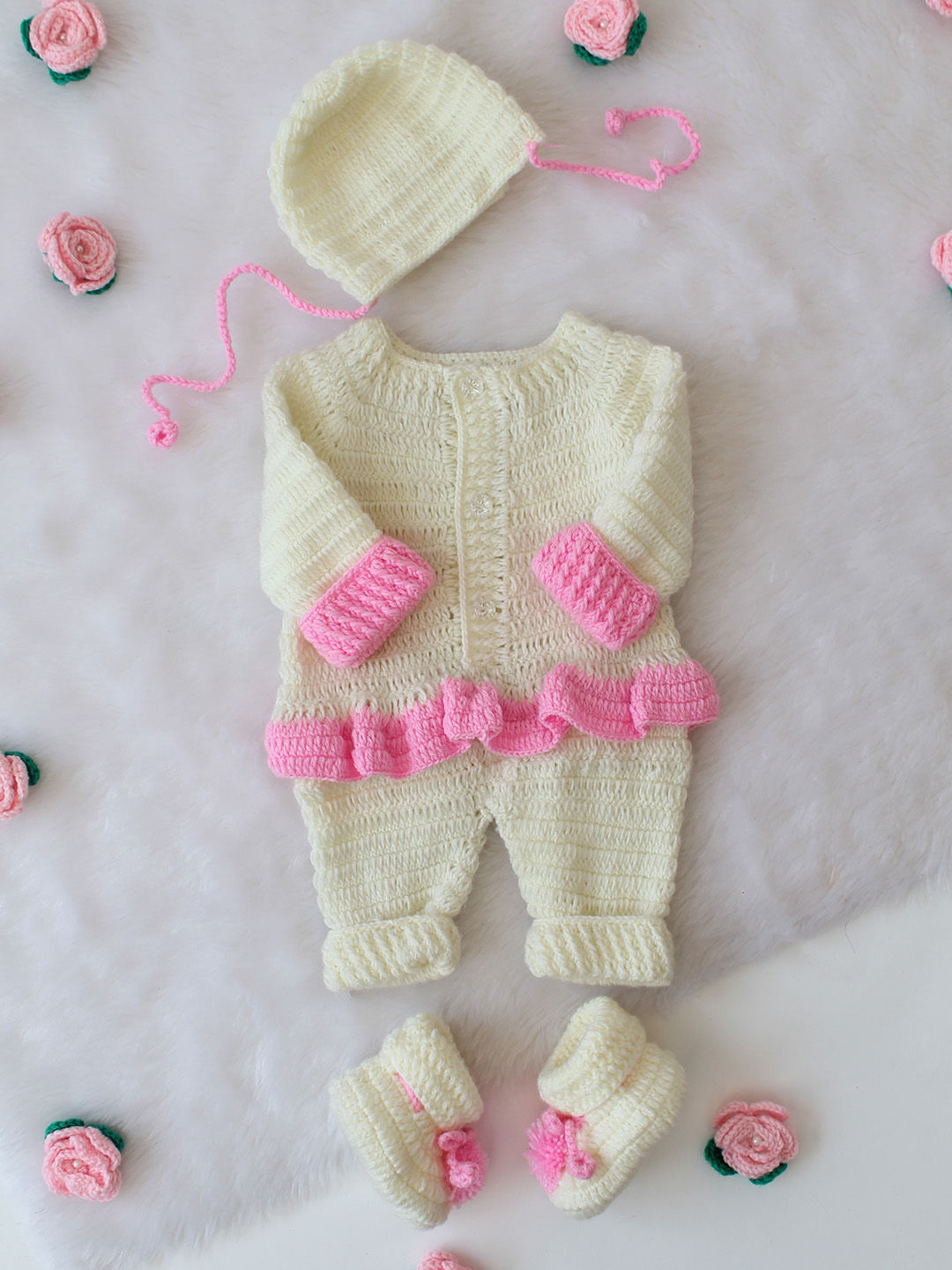 Crochet Knitted Jumpsuit Set with Cap and Booties - Cream