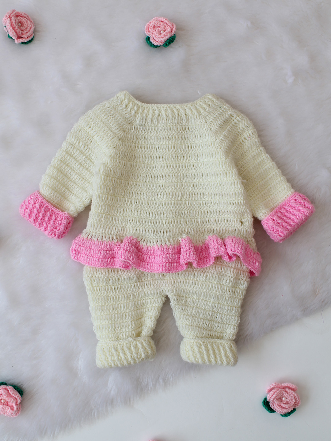 Crochet Knitted Jumpsuit Set with Cap and Booties - Cream