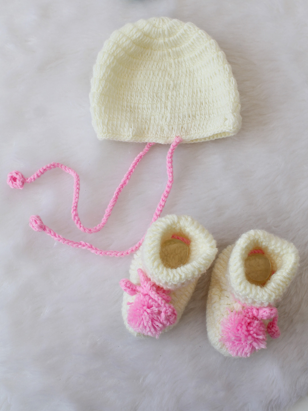 Crochet Knitted Jumpsuit Set with Cap and Booties - Cream