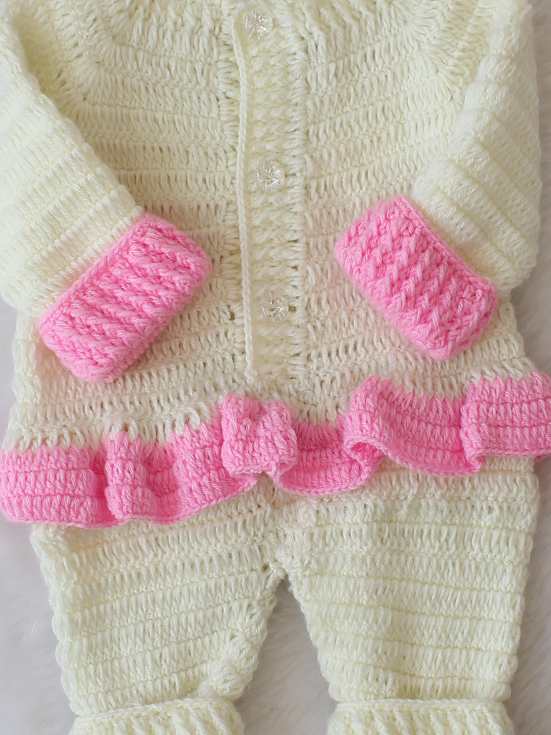 Crochet Knitted Jumpsuit Set with Cap and Booties - Cream