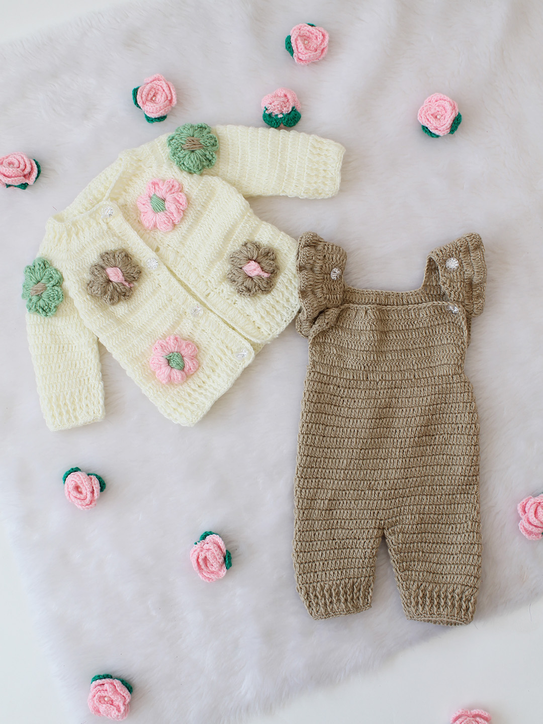 Woonie Crochet Floral Woolen Sweater with Dungaree - Beige