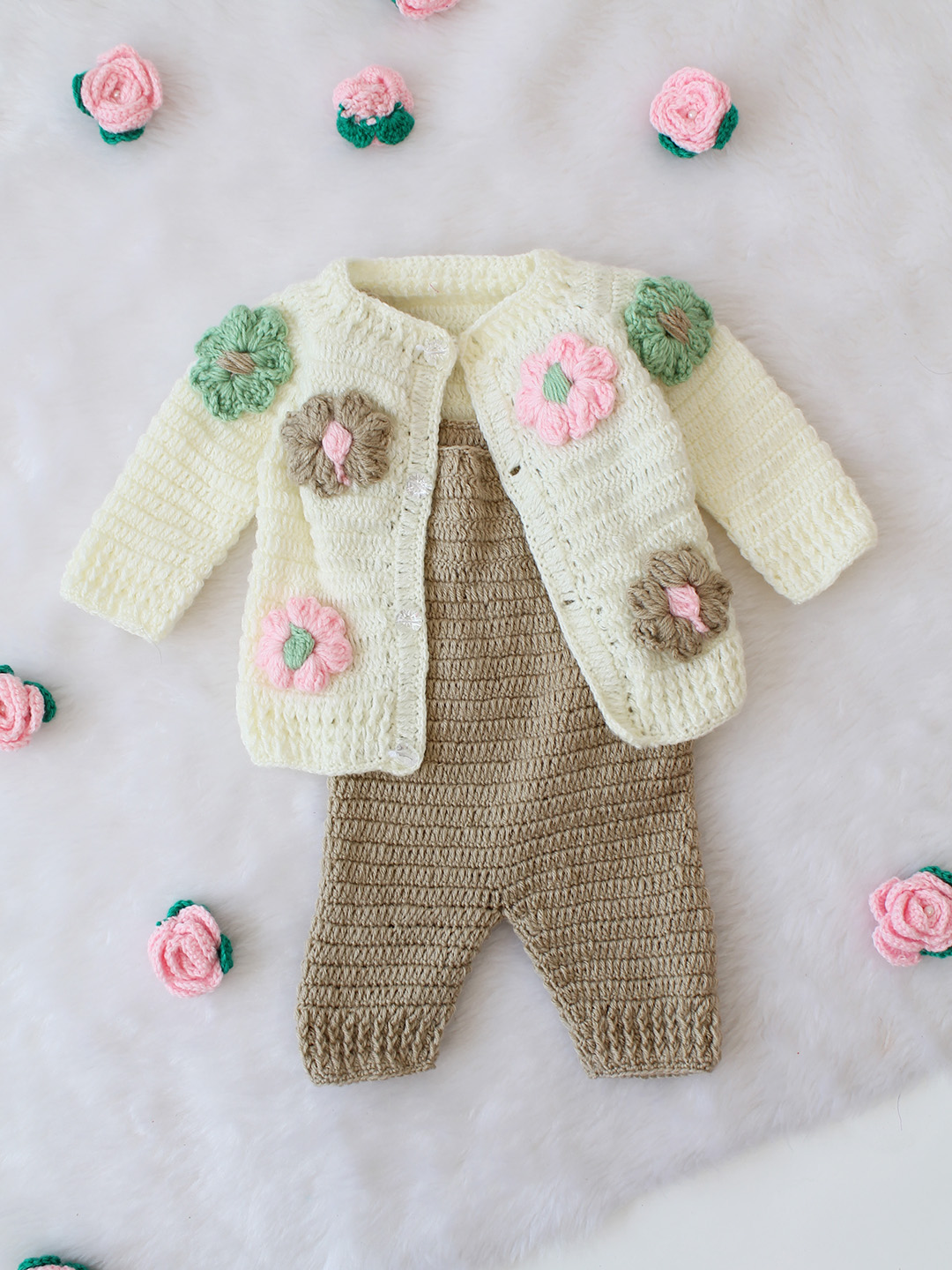 Woonie Crochet Floral Woolen Sweater with Dungaree - Beige
