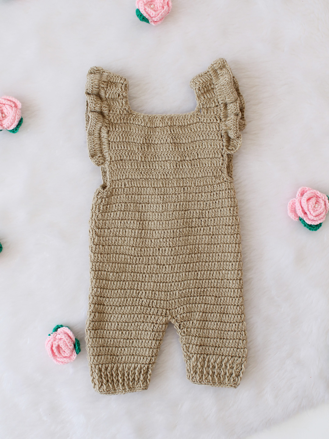 Woonie Crochet Floral Woolen Sweater with Dungaree - Beige