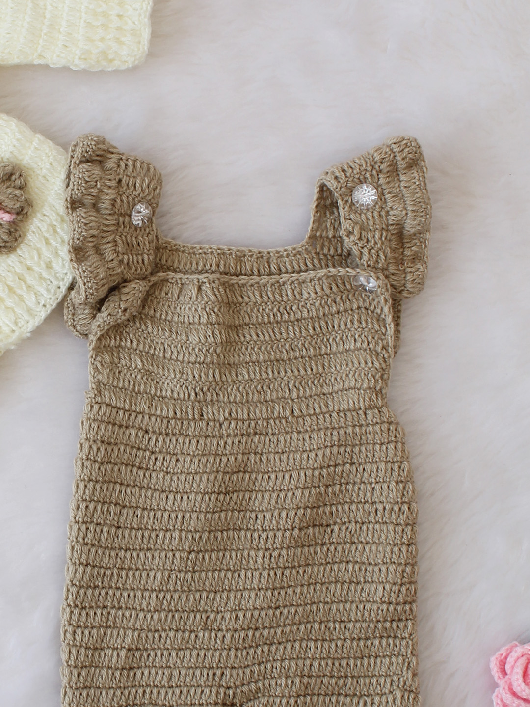 Woonie Crochet Floral Woolen Sweater with Dungaree - Beige