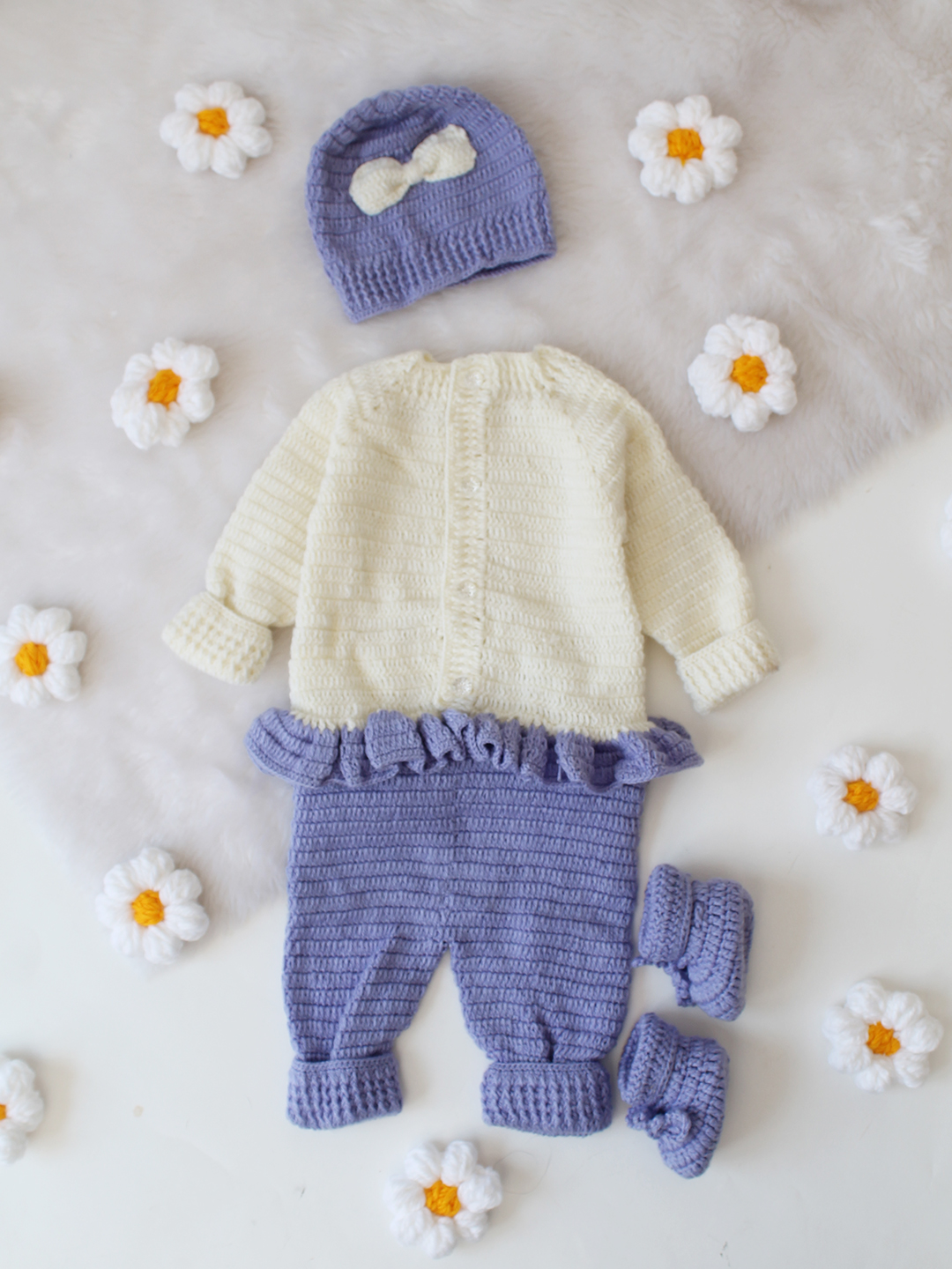 Solid Crochet Jumpsuit with Cap and Booties - Lavender