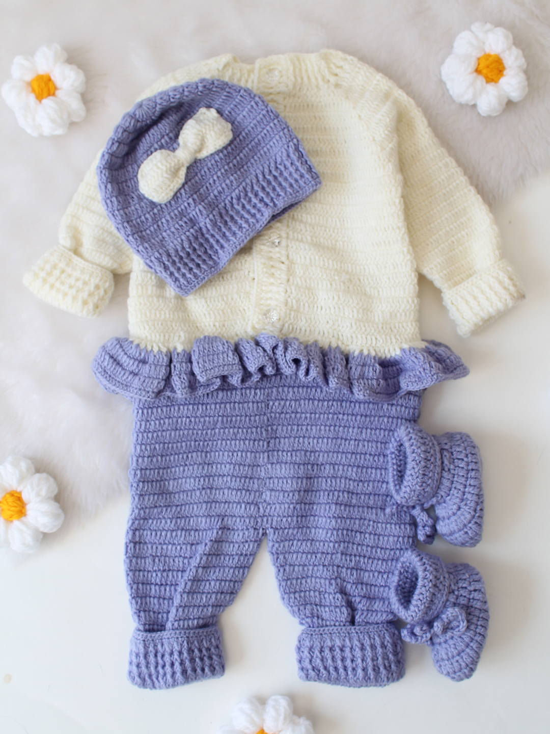 Solid Crochet Jumpsuit with Cap and Booties - Lavender