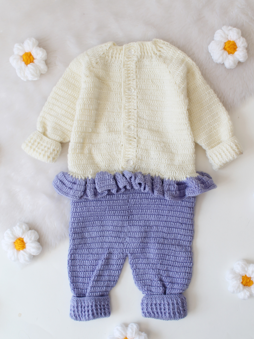 Solid Crochet Jumpsuit with Cap and Booties - Lavender