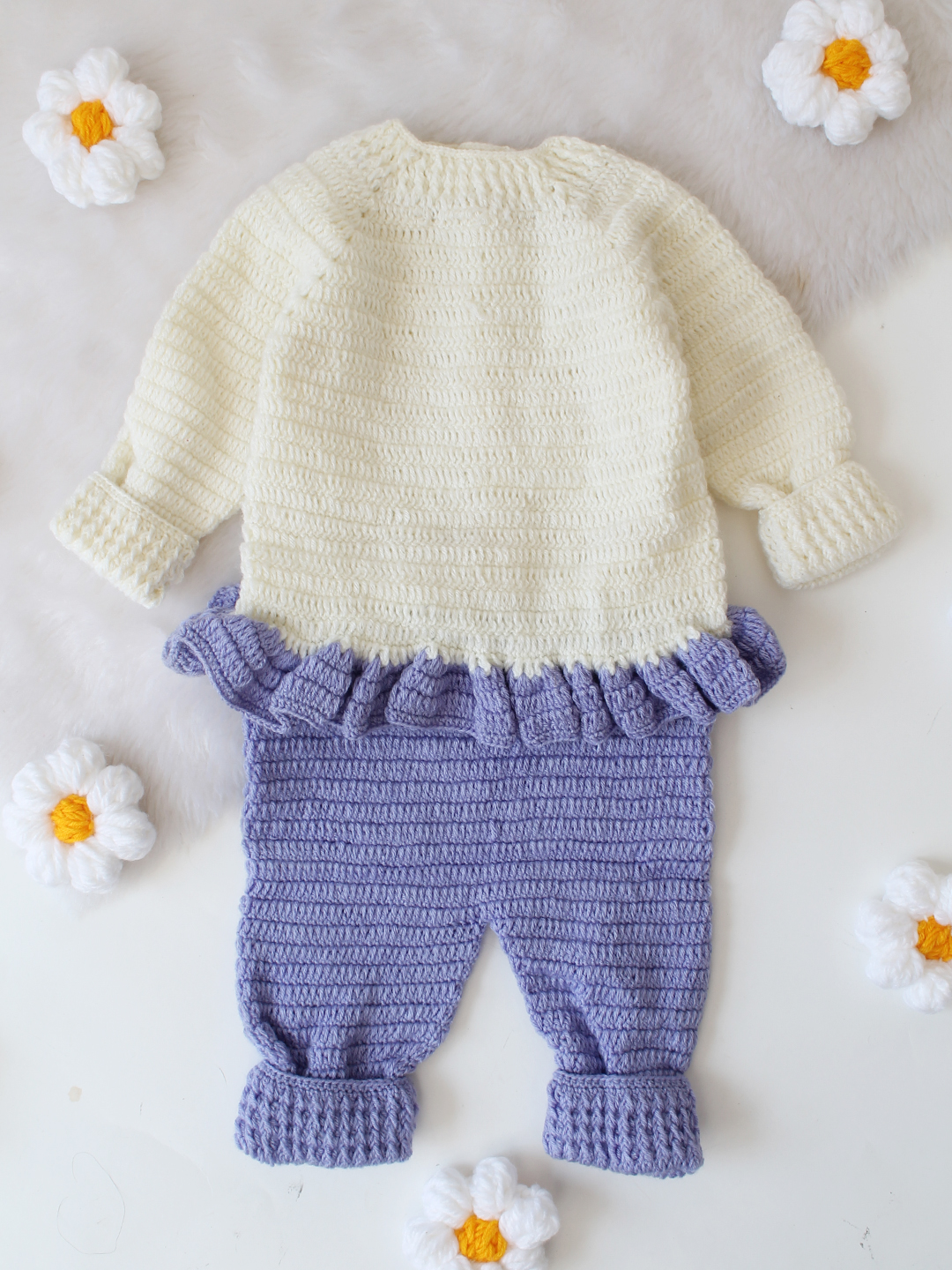 Solid Crochet Jumpsuit with Cap and Booties - Lavender