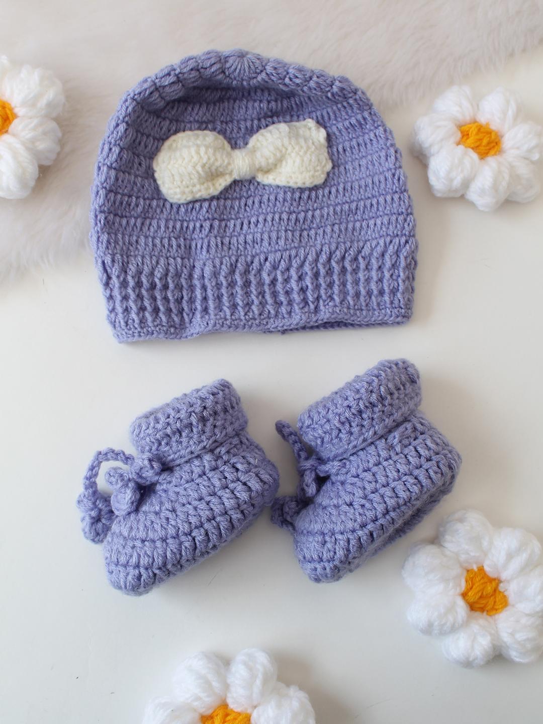 Solid Crochet Jumpsuit with Cap and Booties - Lavender