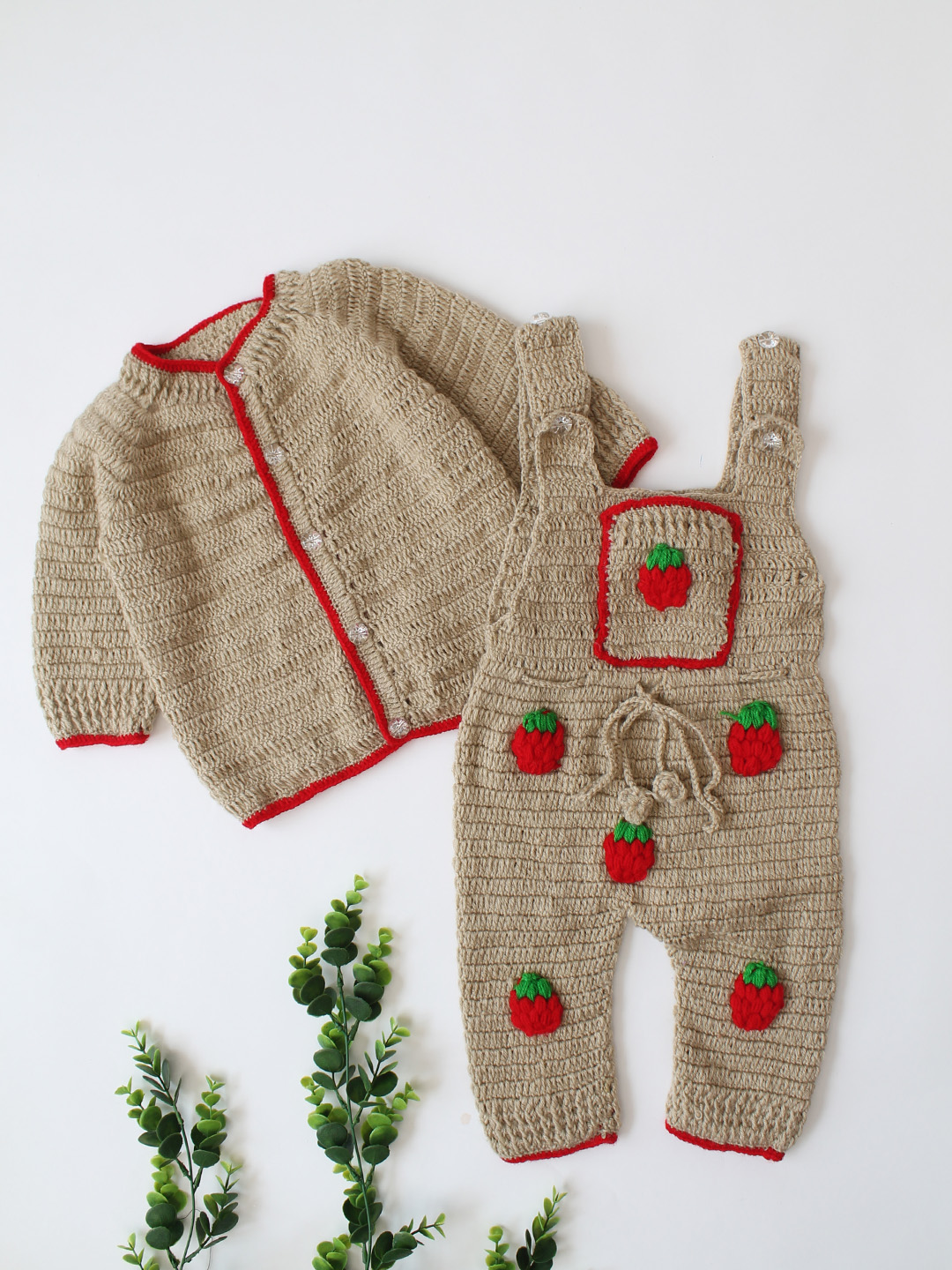 Woonie Crochet Sweater with Strawberry Appliques Dungaree - Beige