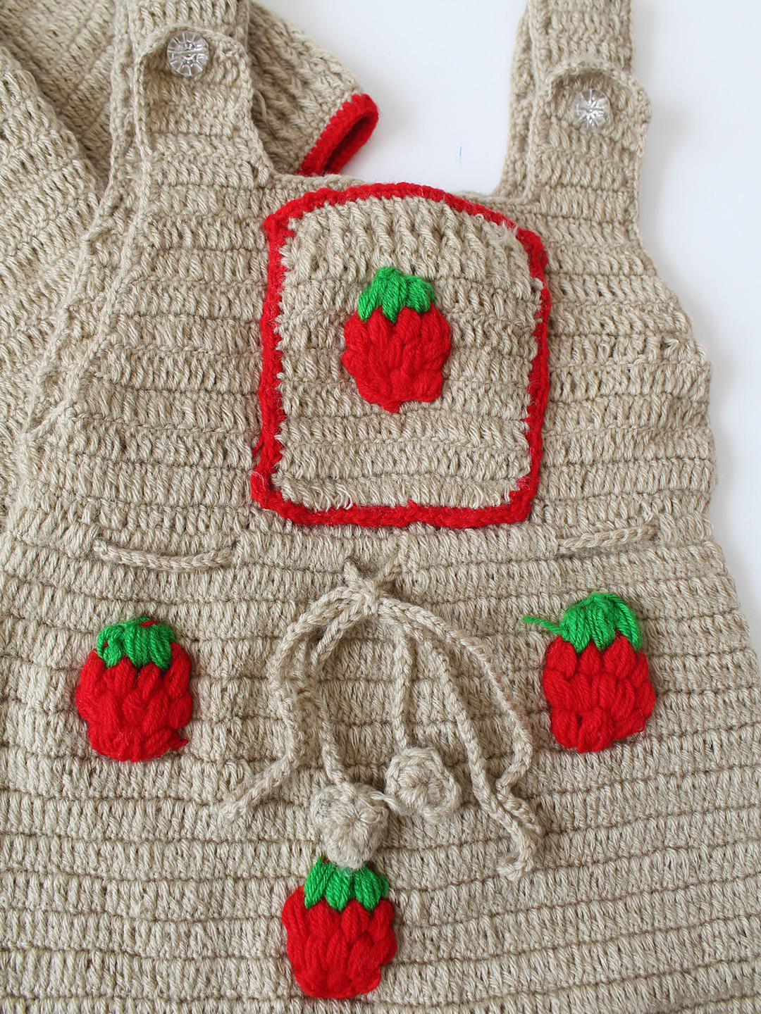 Woonie Crochet Sweater with Strawberry Appliques Dungaree - Beige