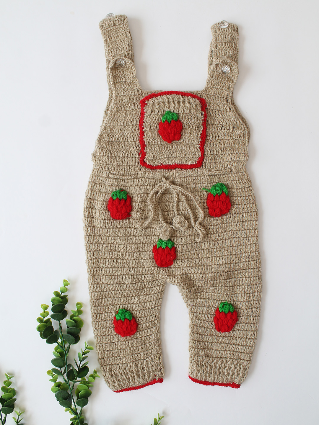 Woonie Crochet Sweater with Strawberry Appliques Dungaree - Beige