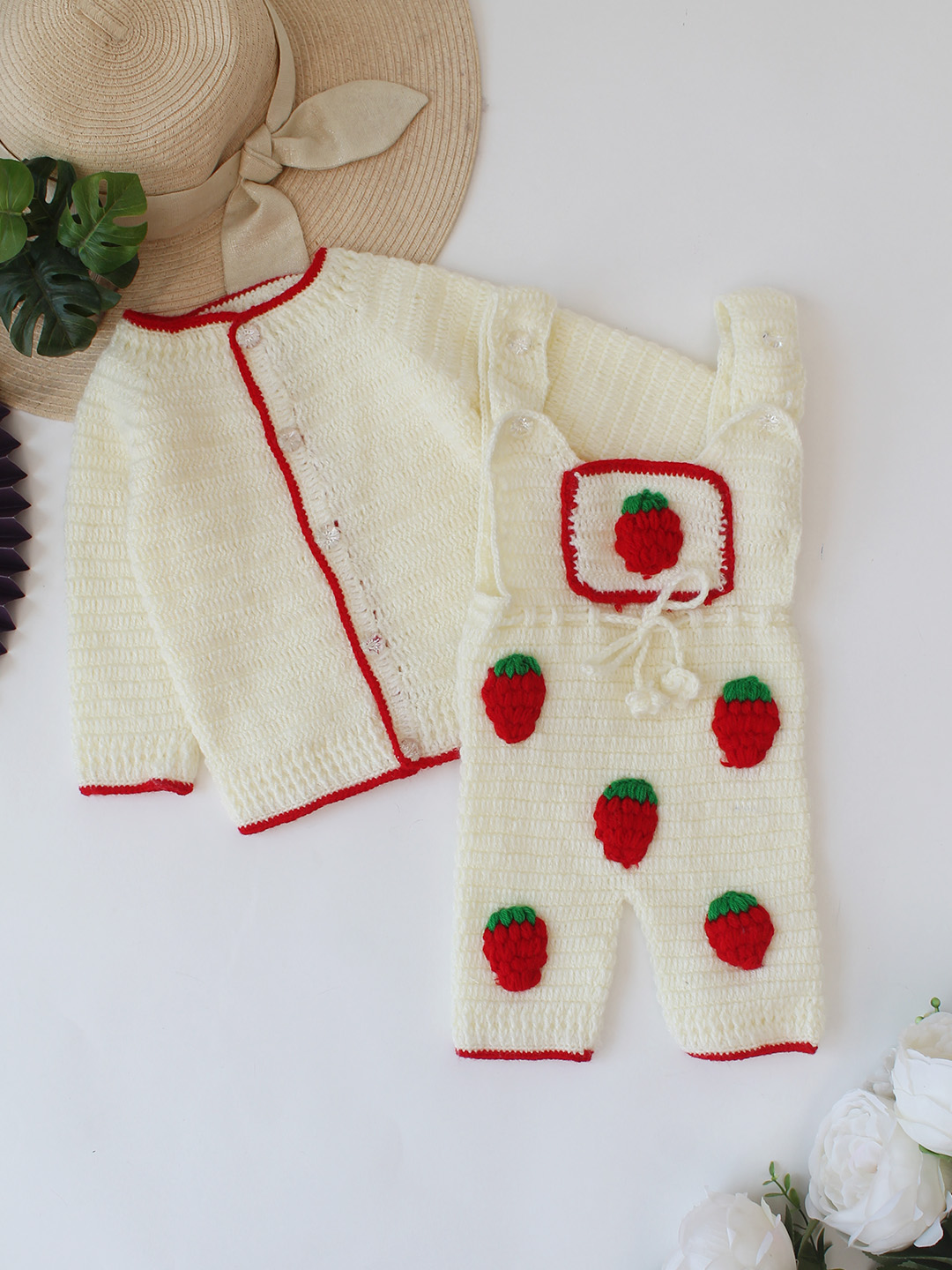 Woonie Crochet Sweater with Strawberry Appliques Dungaree - Cream