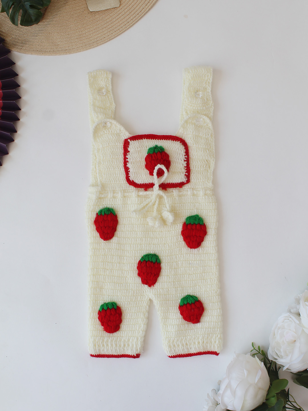 Woonie Crochet Sweater with Strawberry Appliques Dungaree - Cream