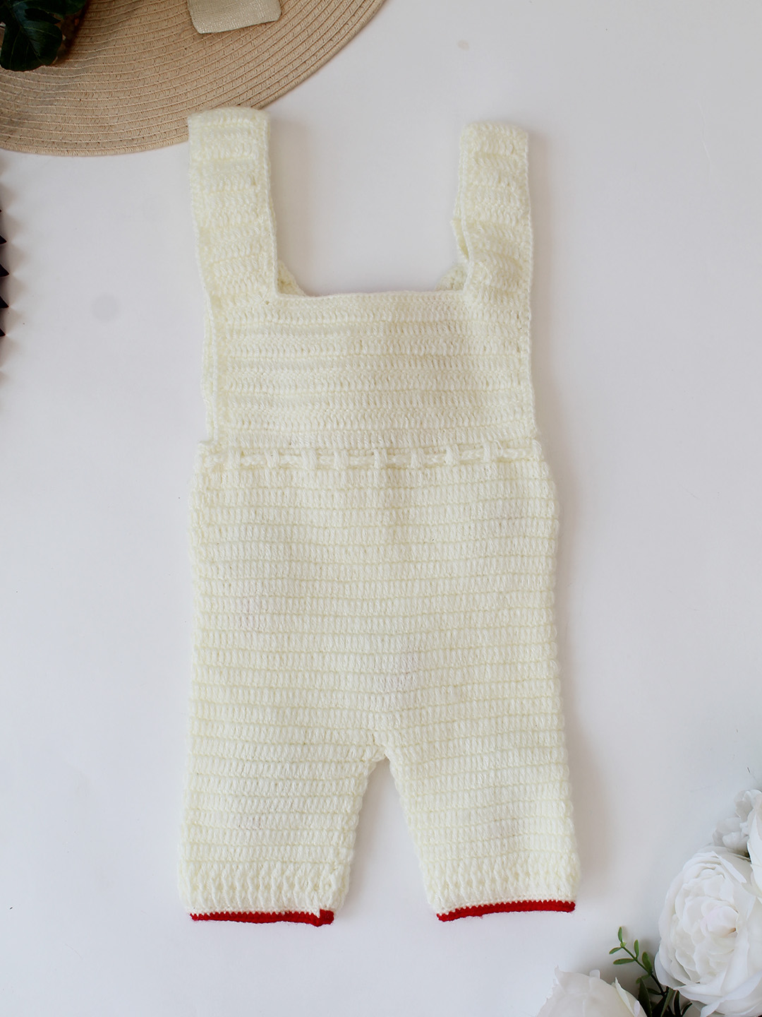 Woonie Crochet Sweater with Strawberry Appliques Dungaree - Cream