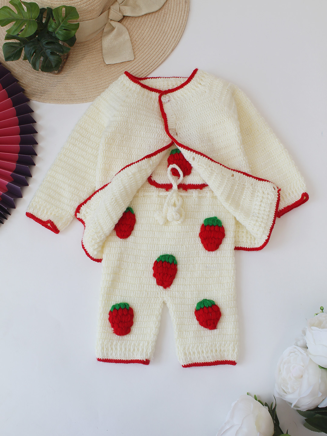 Woonie Crochet Sweater with Strawberry Appliques Dungaree - Cream