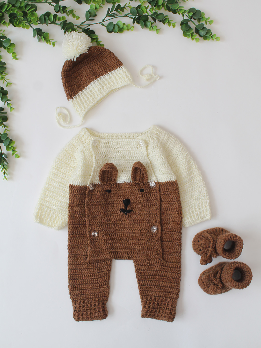 Bear Jumpsuit with Matching Pom Pom Cap and Booties - Cream