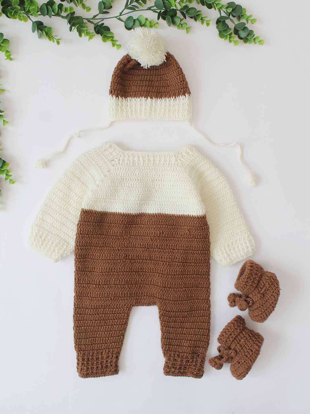 Bear Jumpsuit with Matching Pom Pom Cap and Booties - Cream