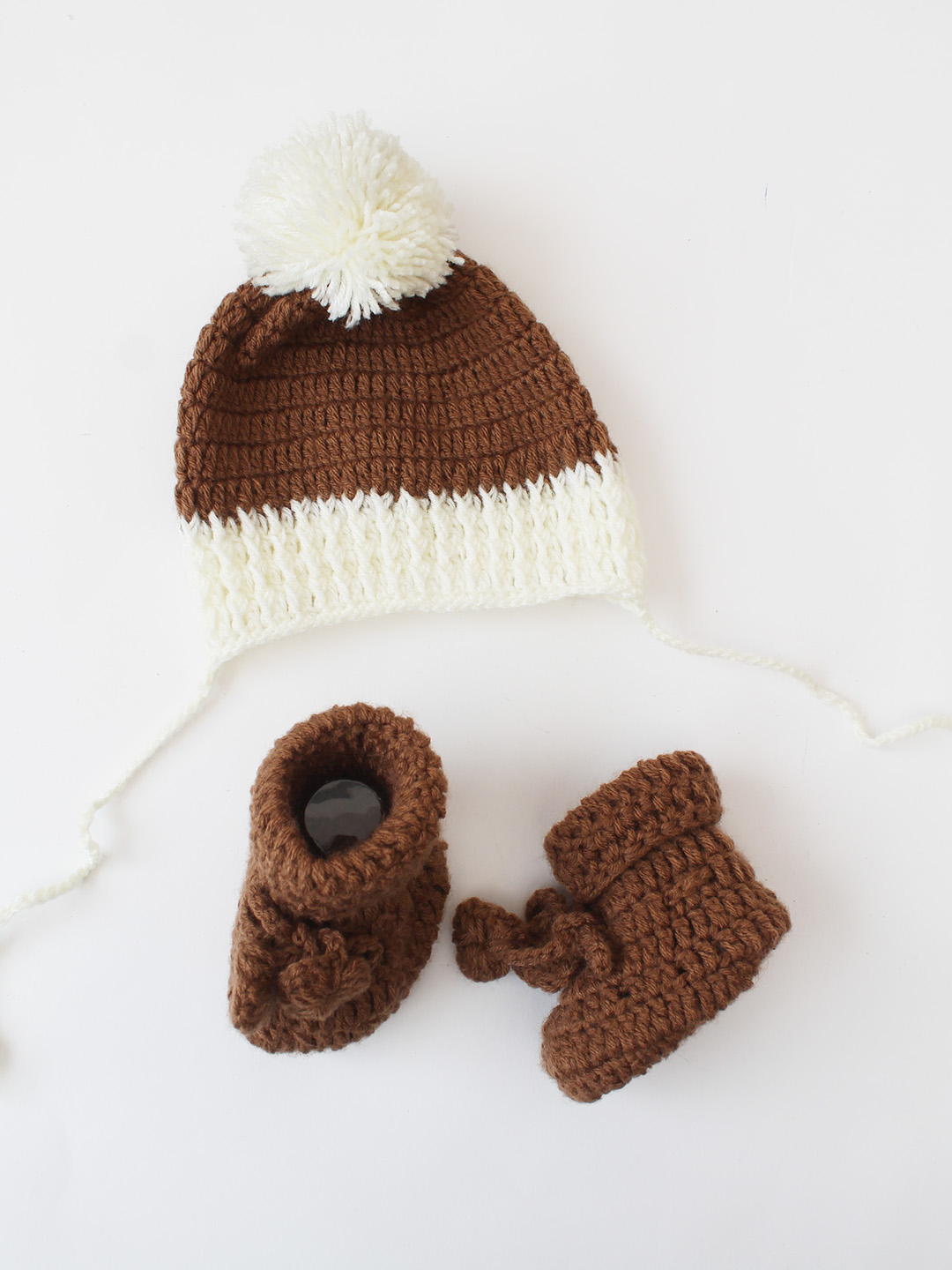 Bear Jumpsuit with Matching Pom Pom Cap and Booties - Cream