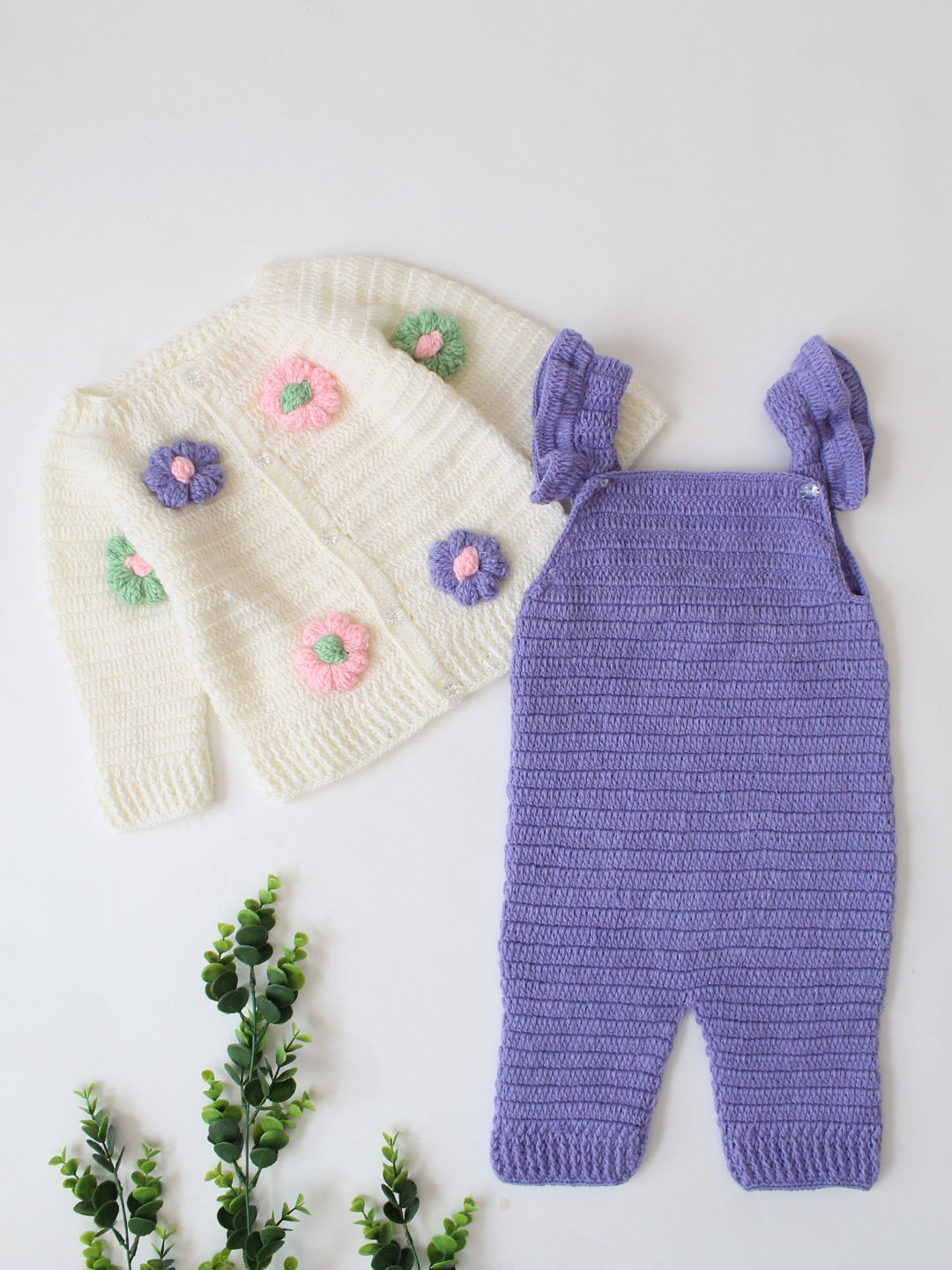 Woonie Crochet Floral Sweater with Dungaree - Purple