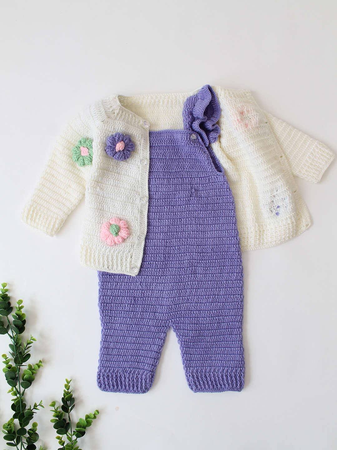 Woonie Crochet Floral Sweater with Dungaree - Purple