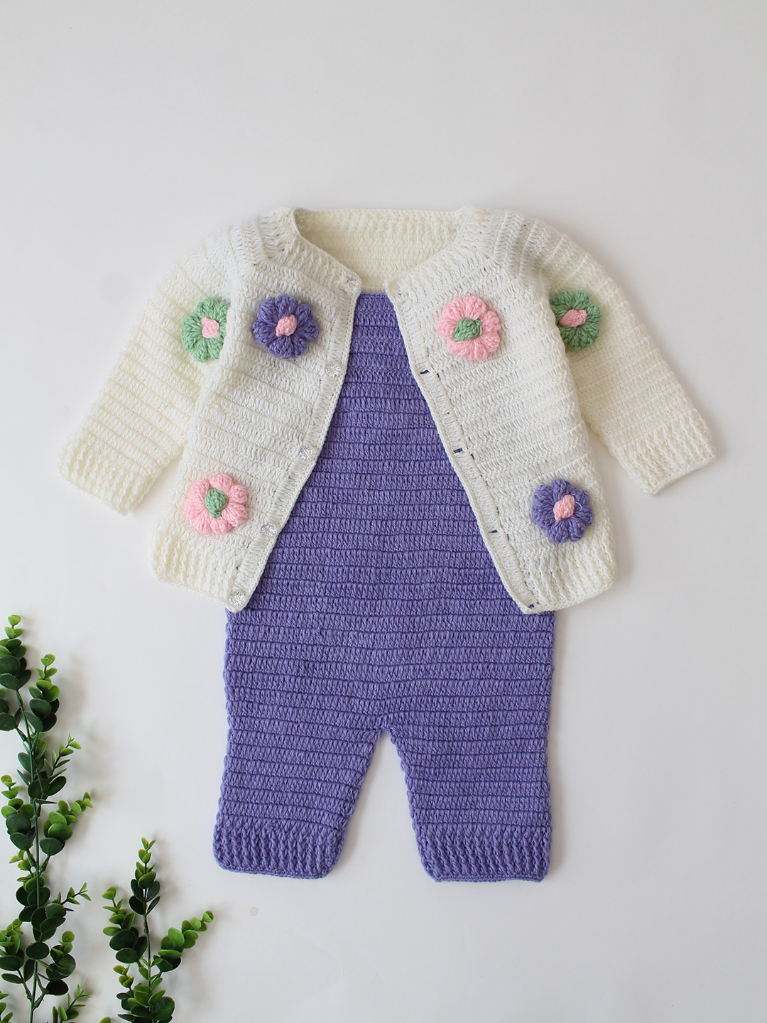 Woonie Crochet Floral Sweater with Dungaree - Purple