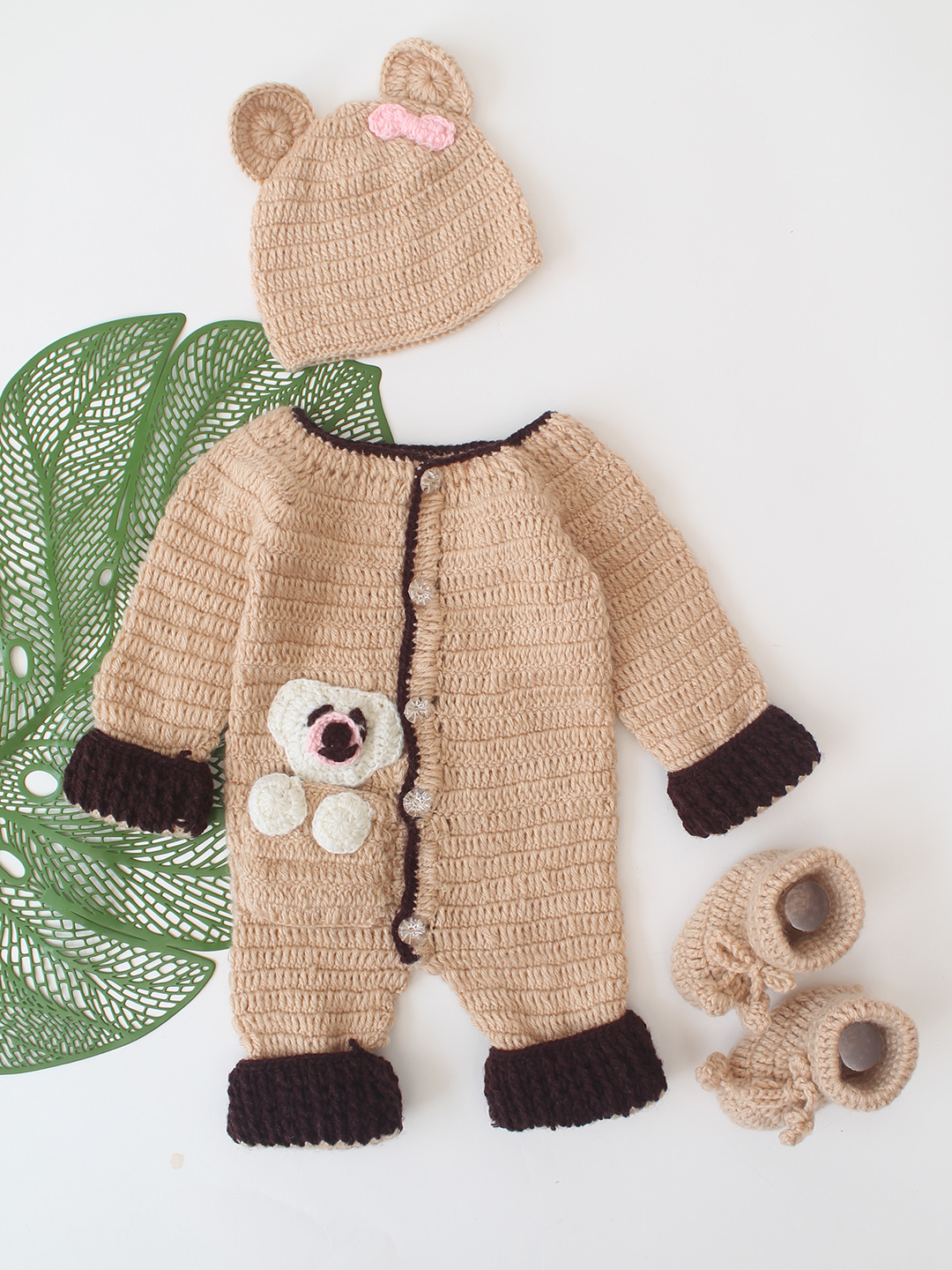 Woonie Crochet Bear Applique Jumpsuit with Cap and Booties - Beige
