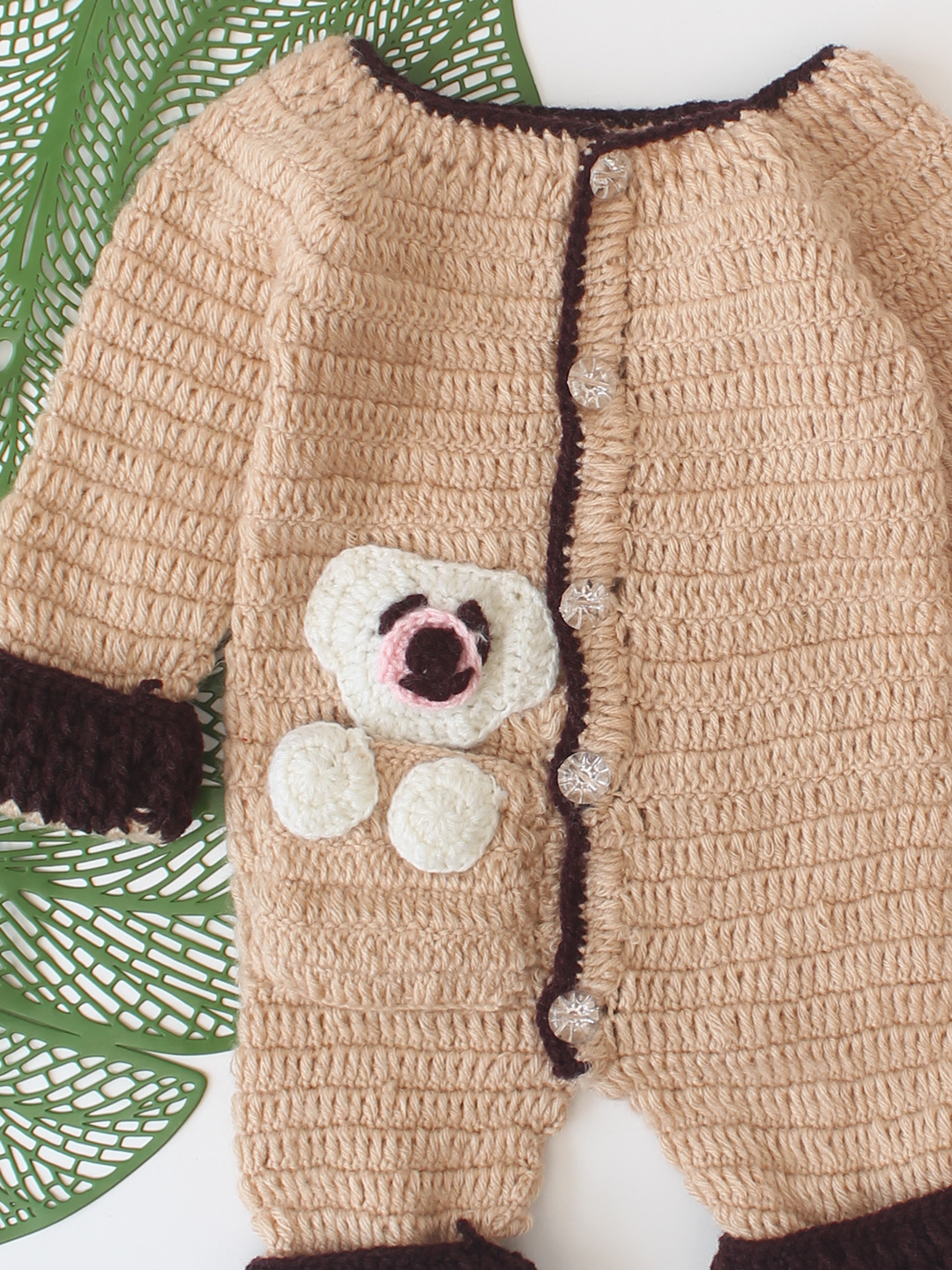 Woonie Crochet Bear Applique Jumpsuit with Cap and Booties - Beige