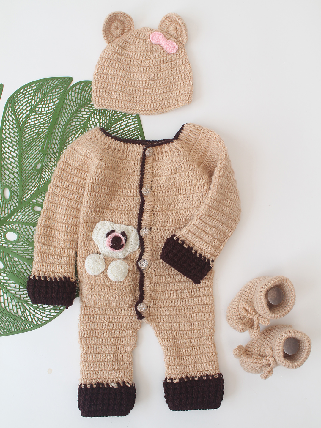 Woonie Crochet Bear Applique Jumpsuit with Cap and Booties - Beige