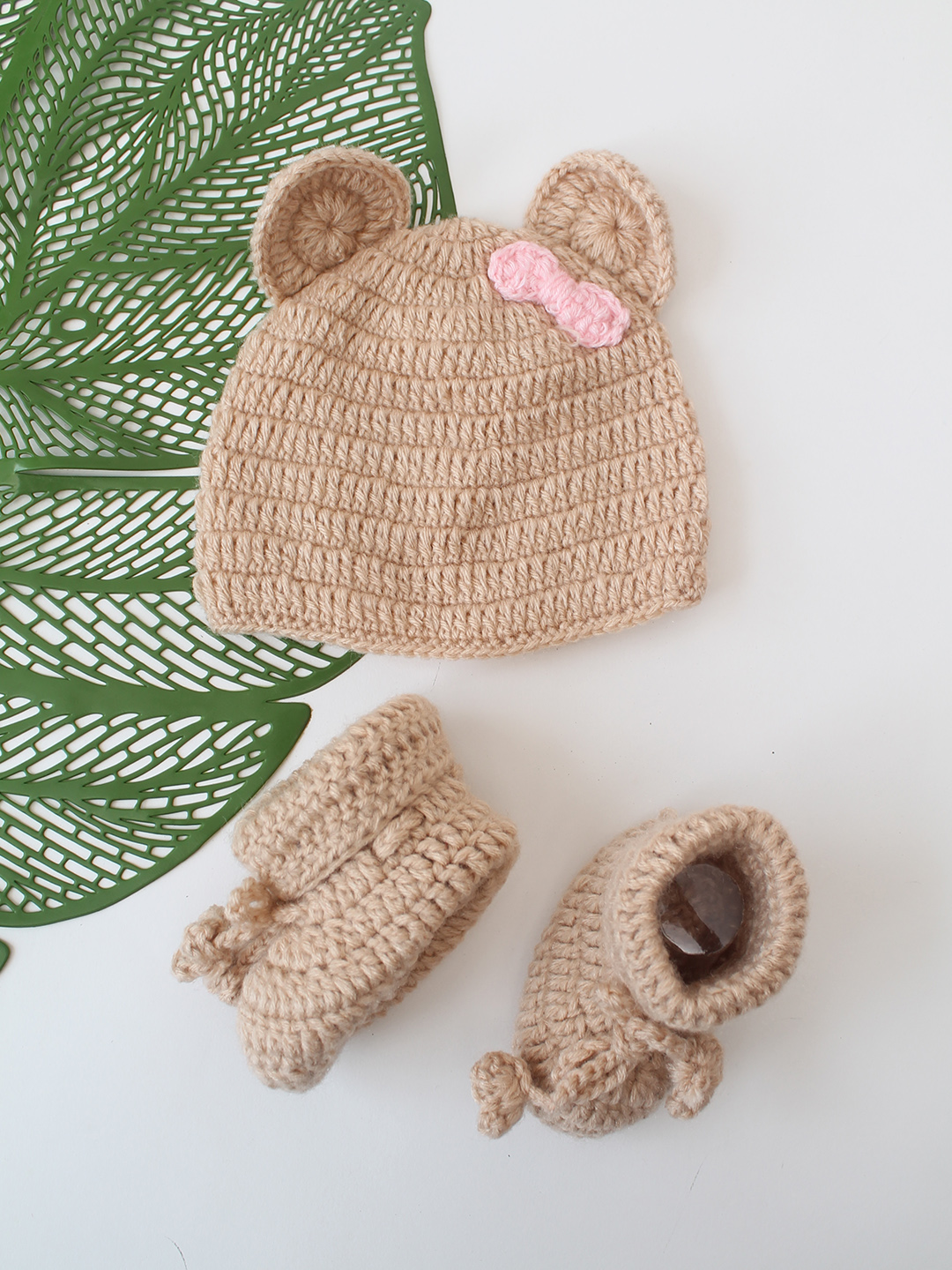 Woonie Crochet Bear Applique Jumpsuit with Cap and Booties - Beige