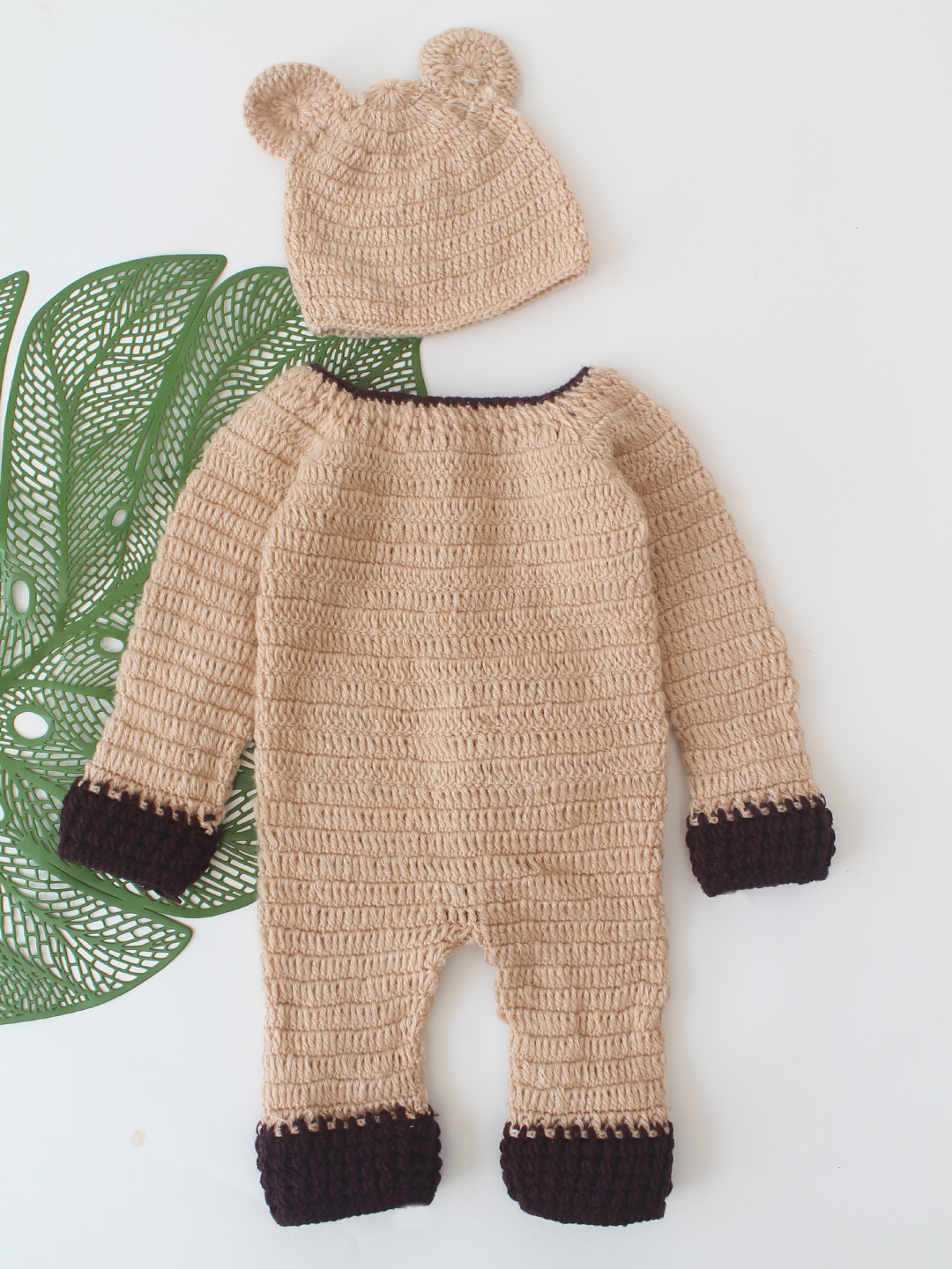 Woonie Crochet Bear Applique Jumpsuit with Cap and Booties - Beige
