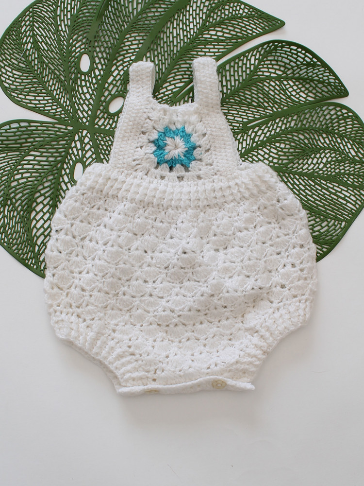 Image of Woonie Crochet Granny Square Baby Romper - White