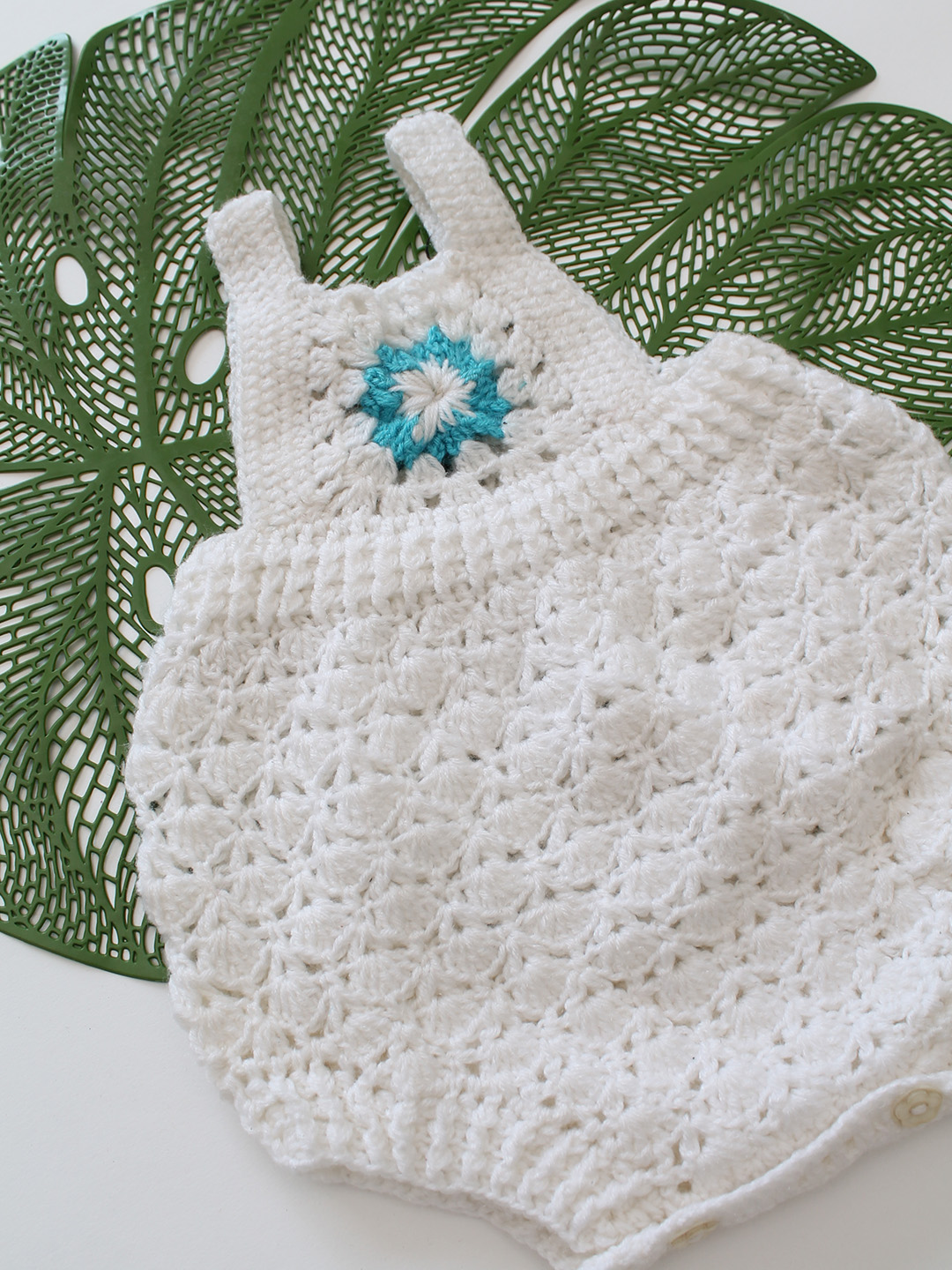 Woonie Crochet Granny Square Baby Romper - White