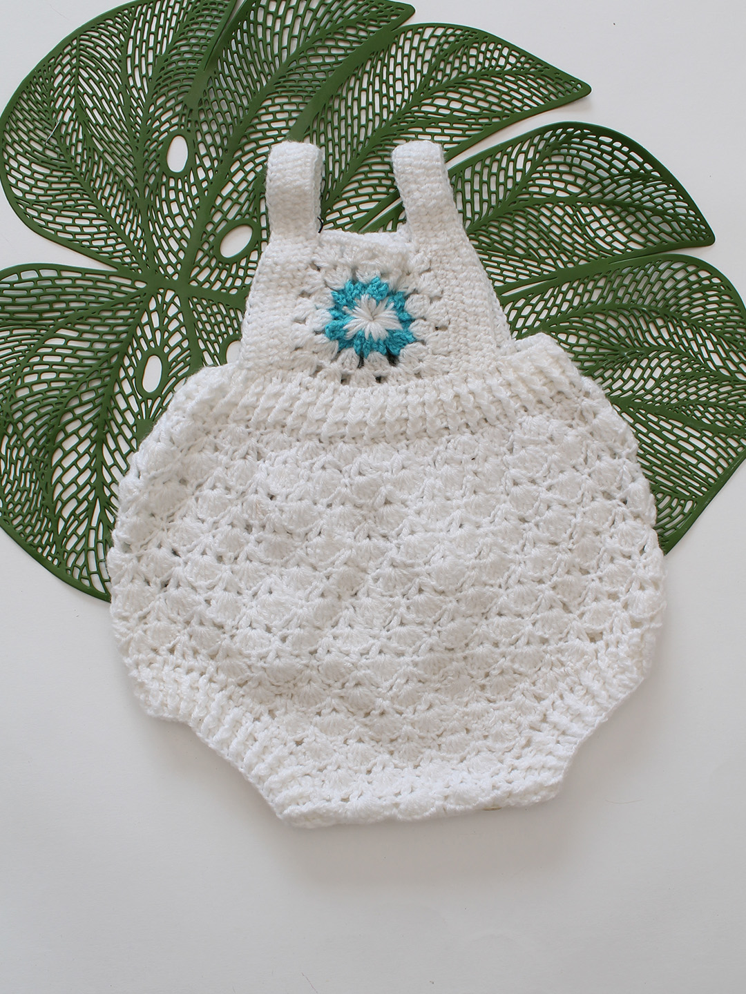 Woonie Crochet Granny Square Baby Romper - White