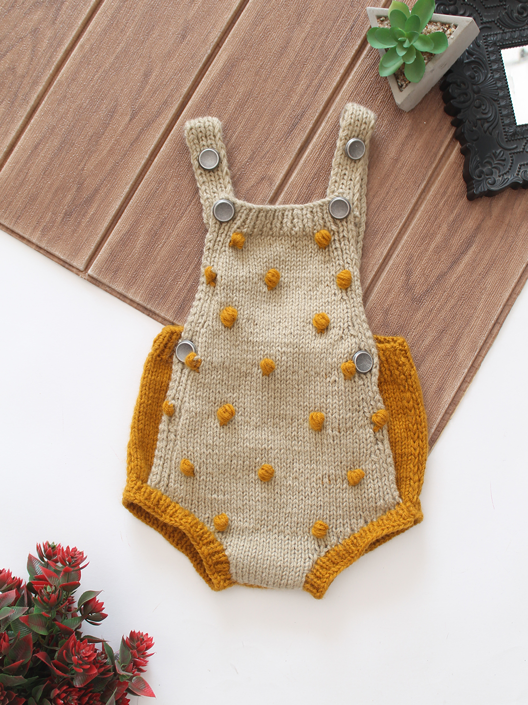 Woonie Handknitted Bobble Stitch Design Romper - Beige
