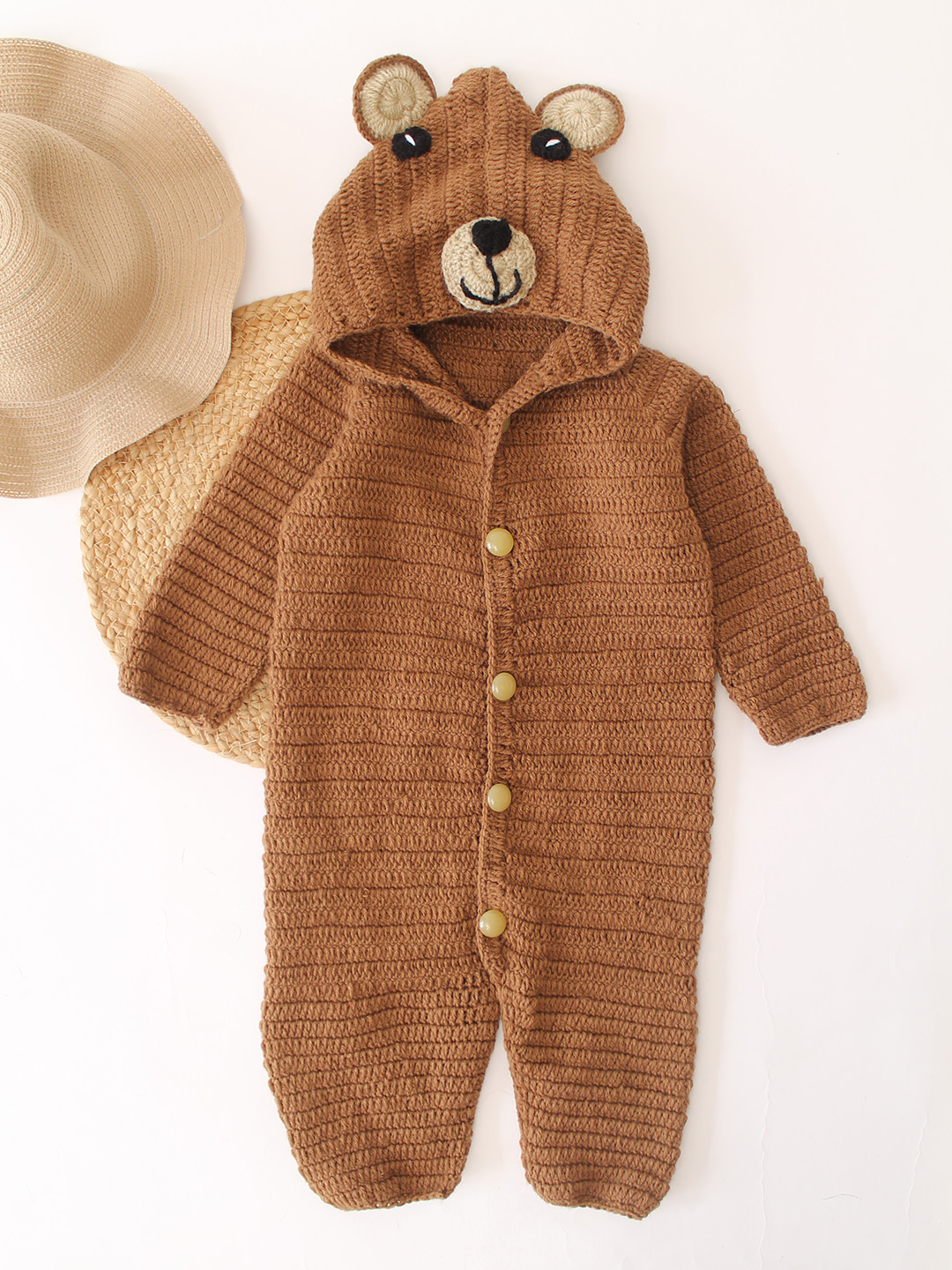 Woonie Crochet Bear Design Hooded Jumpsuit - Brown