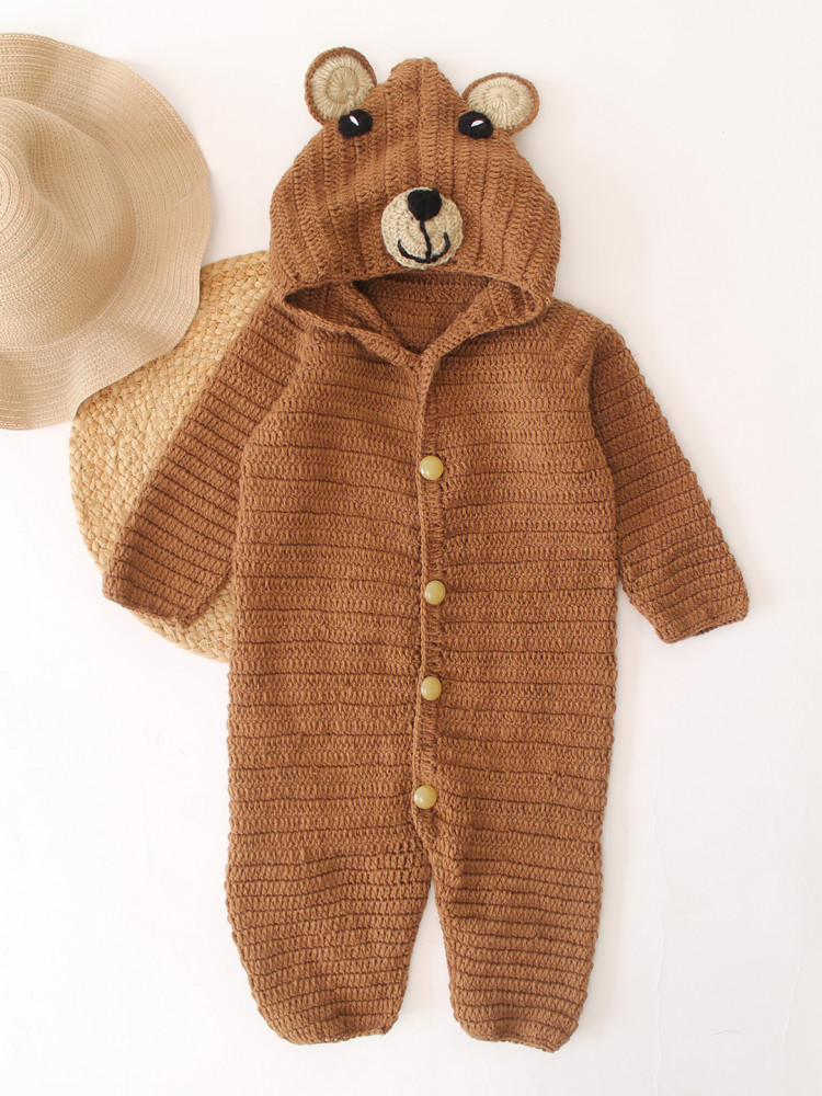 Image of Woonie Crochet Bear Design Hooded Jumpsuit - Brown
