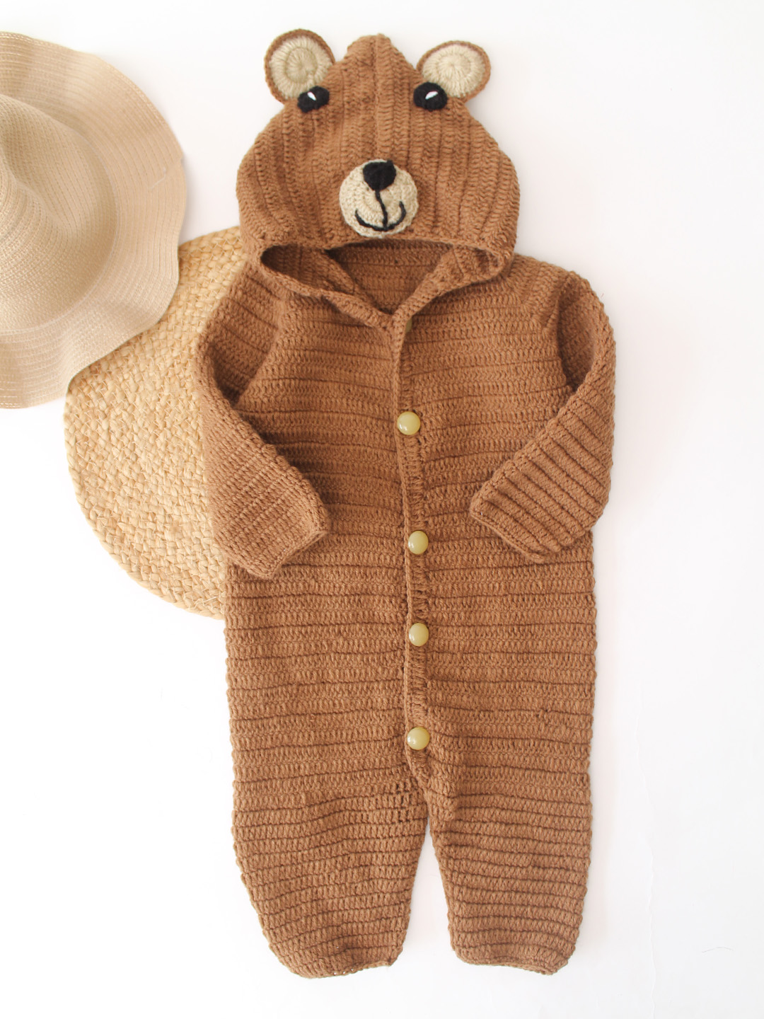 Woonie Crochet Bear Design Hooded Jumpsuit - Brown