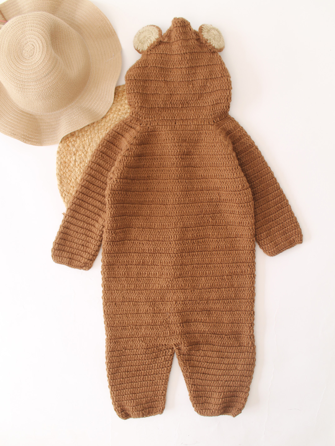 Woonie Crochet Bear Design Hooded Jumpsuit - Brown