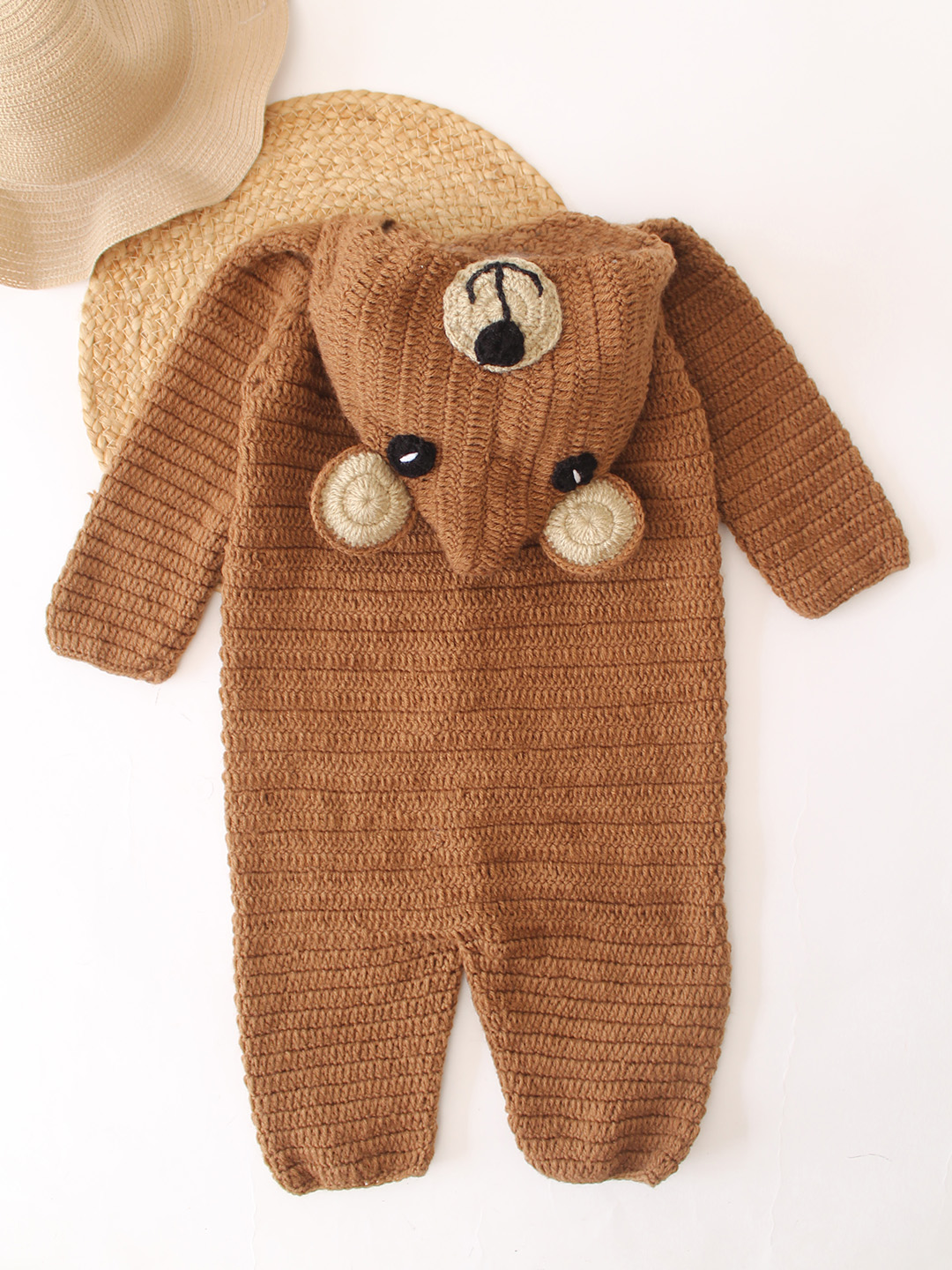 Woonie Crochet Bear Design Hooded Jumpsuit - Brown