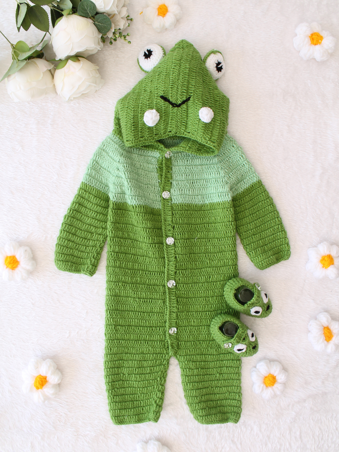 Woonie Crochet Frog Design Hooded Baby Soft Jumpsuit with Booties - Green