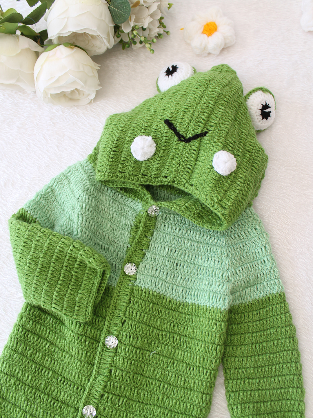 Woonie Crochet Frog Design Hooded Baby Soft Jumpsuit with Booties - Green