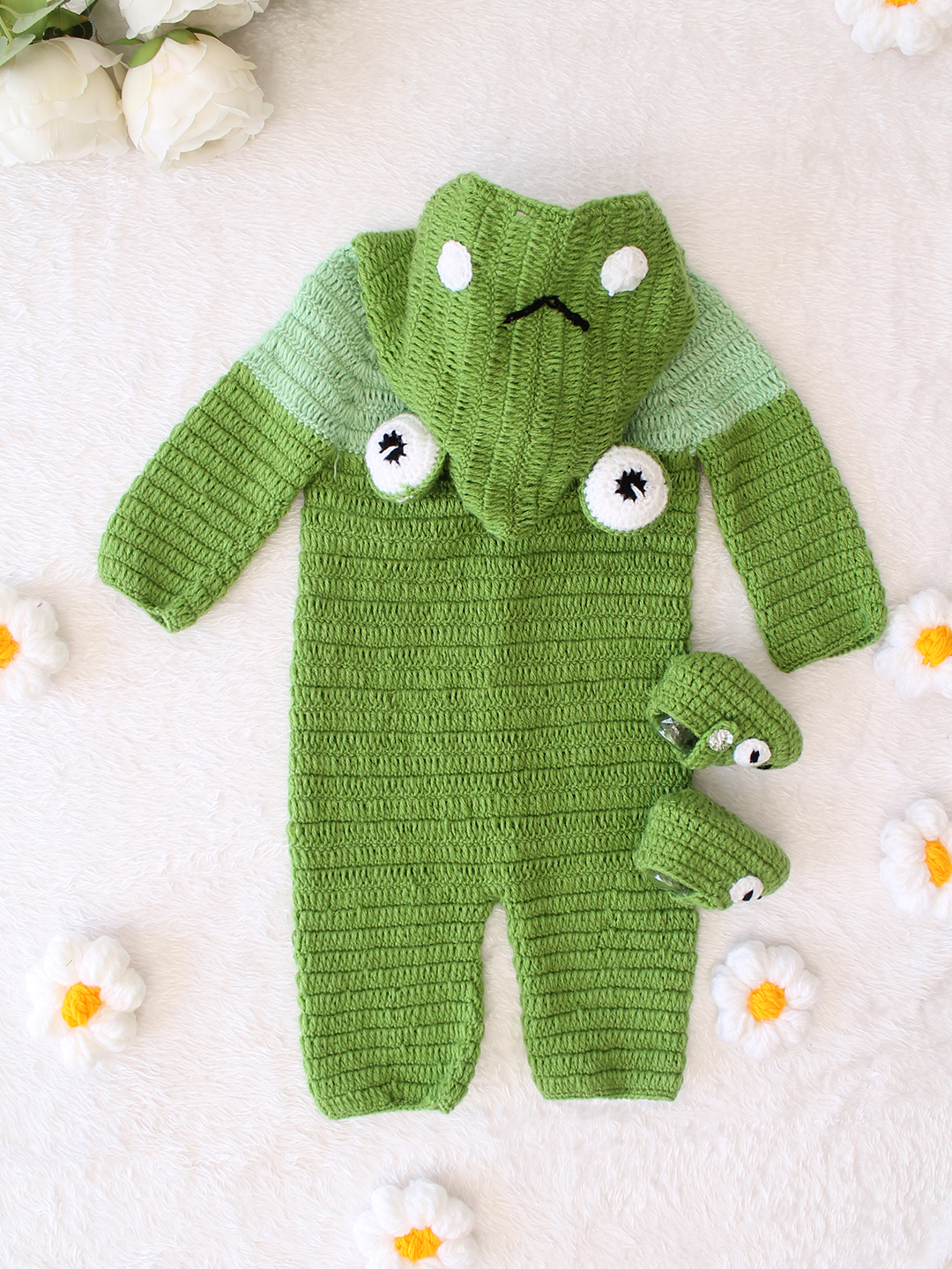 Woonie Crochet Frog Design Hooded Baby Soft Jumpsuit with Booties - Green