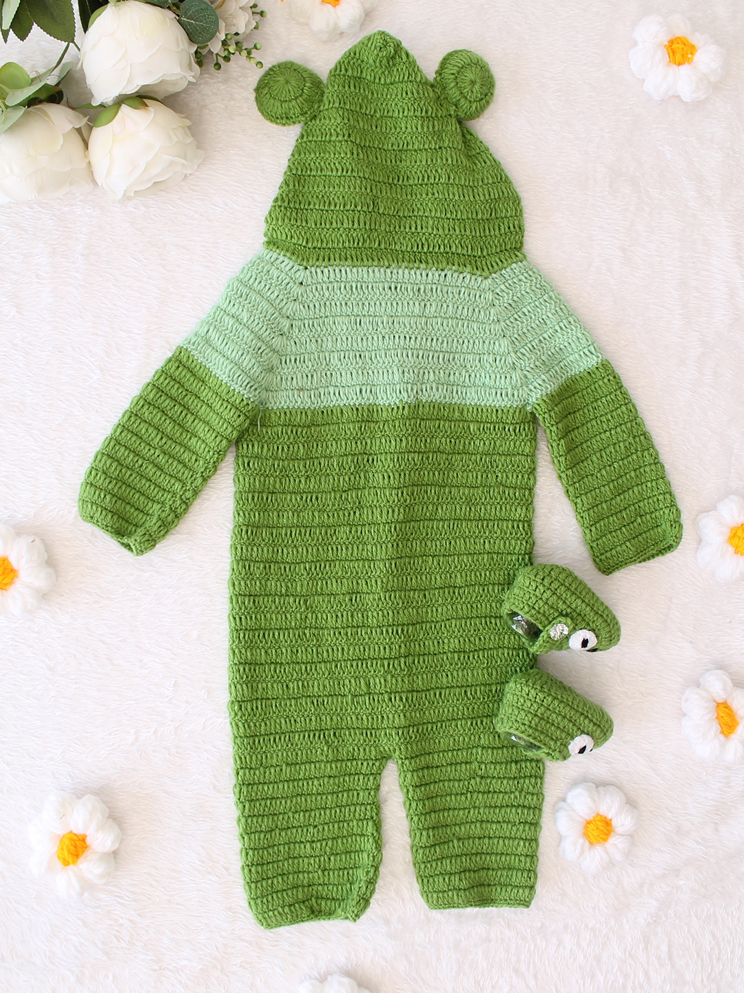 Woonie Crochet Frog Design Hooded Baby Soft Jumpsuit with Booties - Green