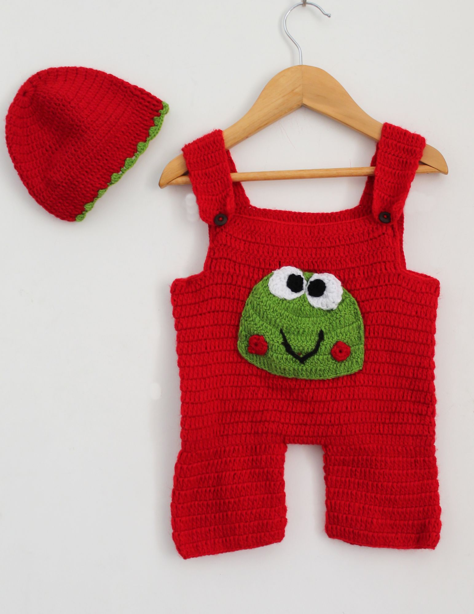 Woonie Handmade Sleeveless Frog Patch Romper With Cap - Red