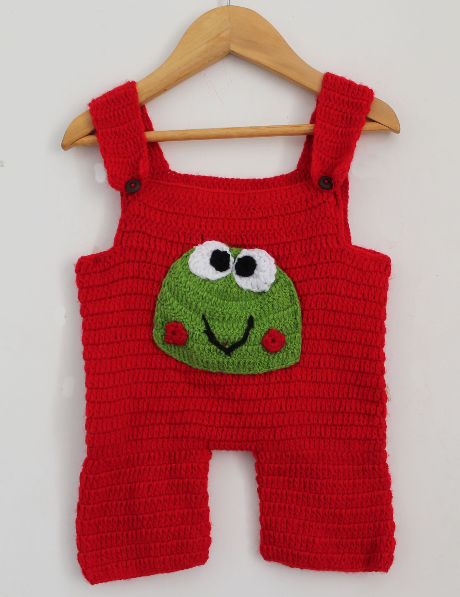 Woonie Handmade Sleeveless Frog Patch Romper With Cap - Red