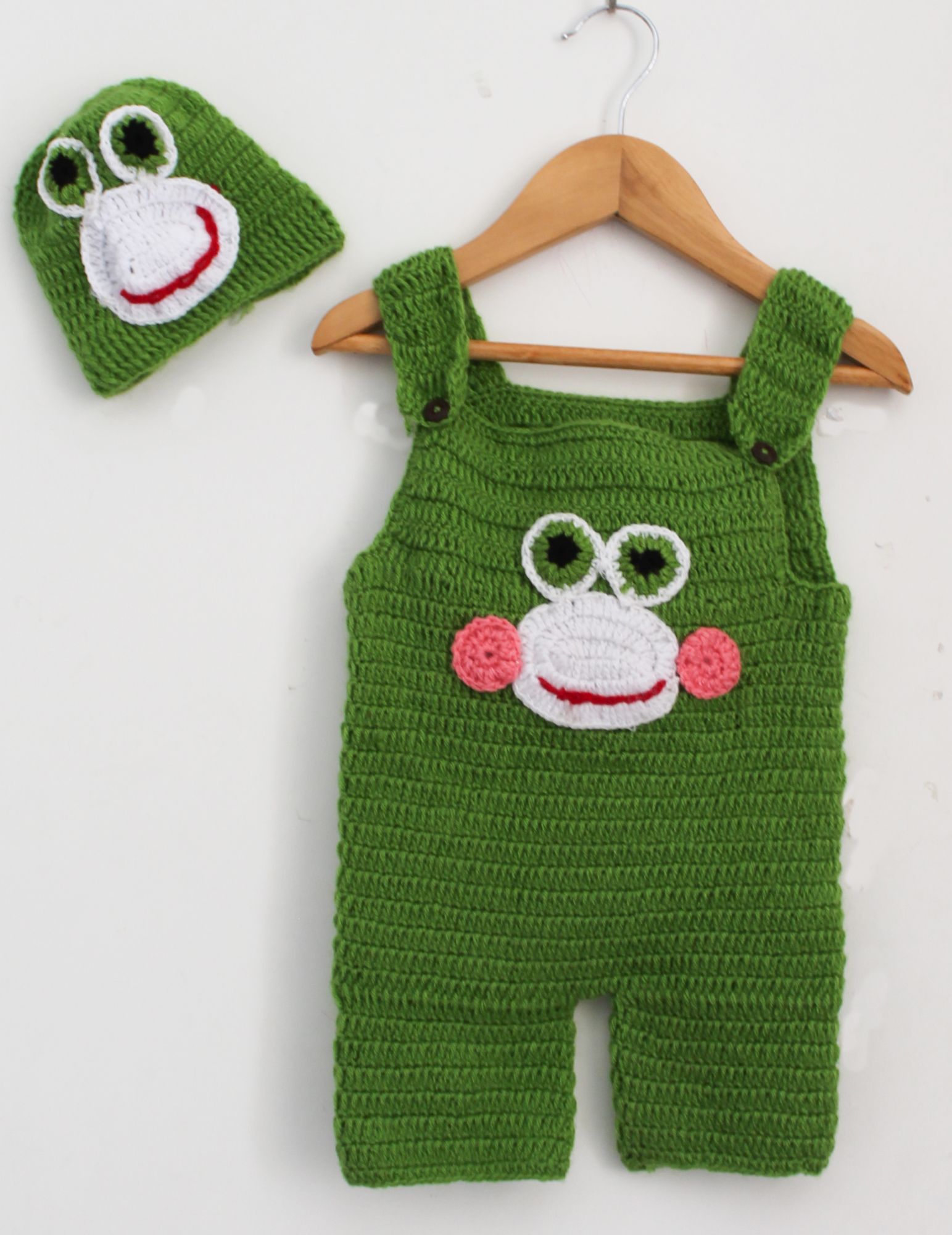 Woonie Handmade Sleeveless Frog Patch Romper With Cap - Green
